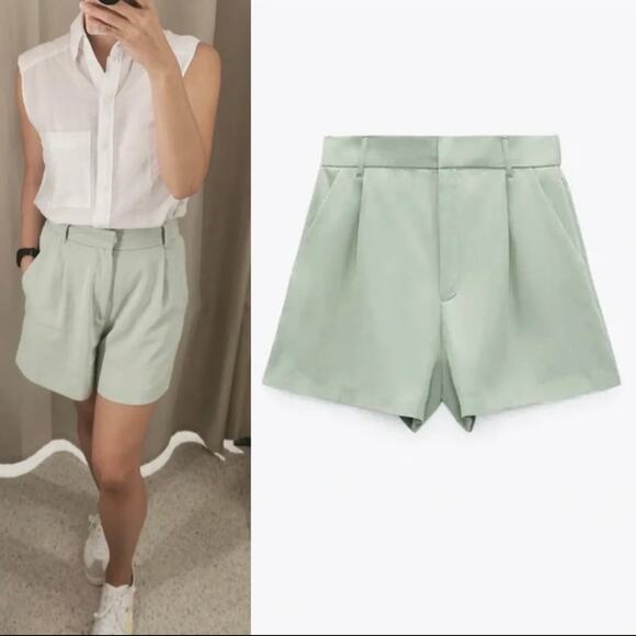 Zara Mint Green Pleated Shorts Linen Size XXL - Picture 9 of 9